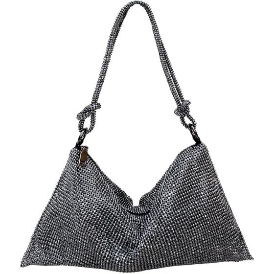 Rhinestone Purse Silver Hobo Purse Sparkly Black Evening Bag for Women Prom Party Wedding